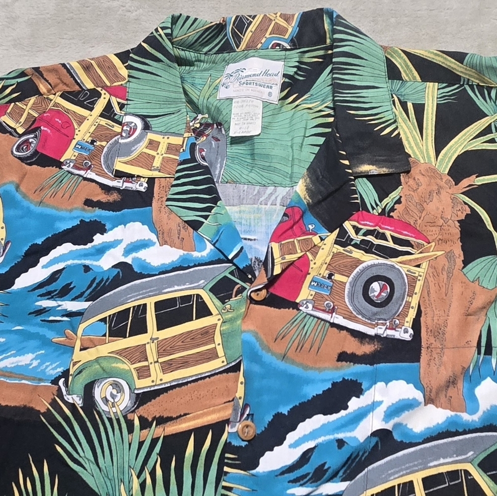 Vintage Woody Car AOP Hawaiian Shirt Mens XL Aloha Diamond Head Sportswear USA - Picture 2 of 6
